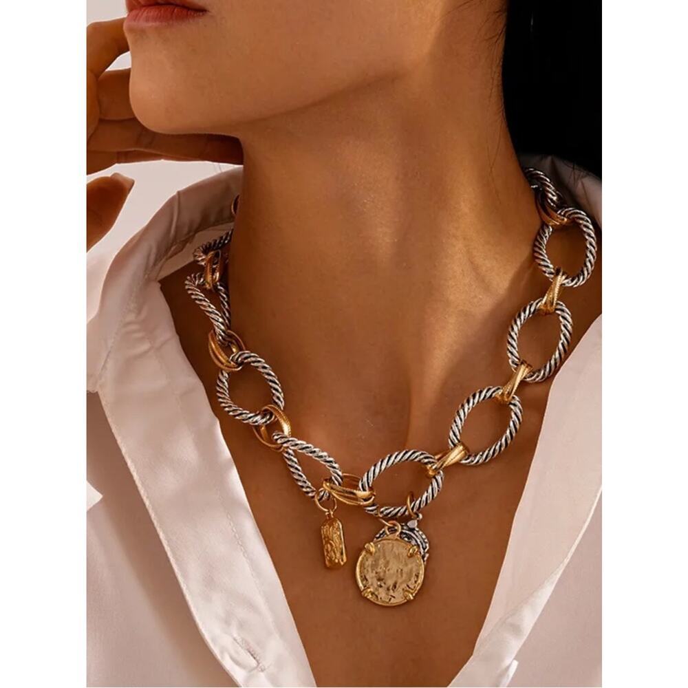 Zara Stainless Steel Two Tone Coin Statement Necklace Chunky Vintage Luxe Boho - Picture 14 of 15